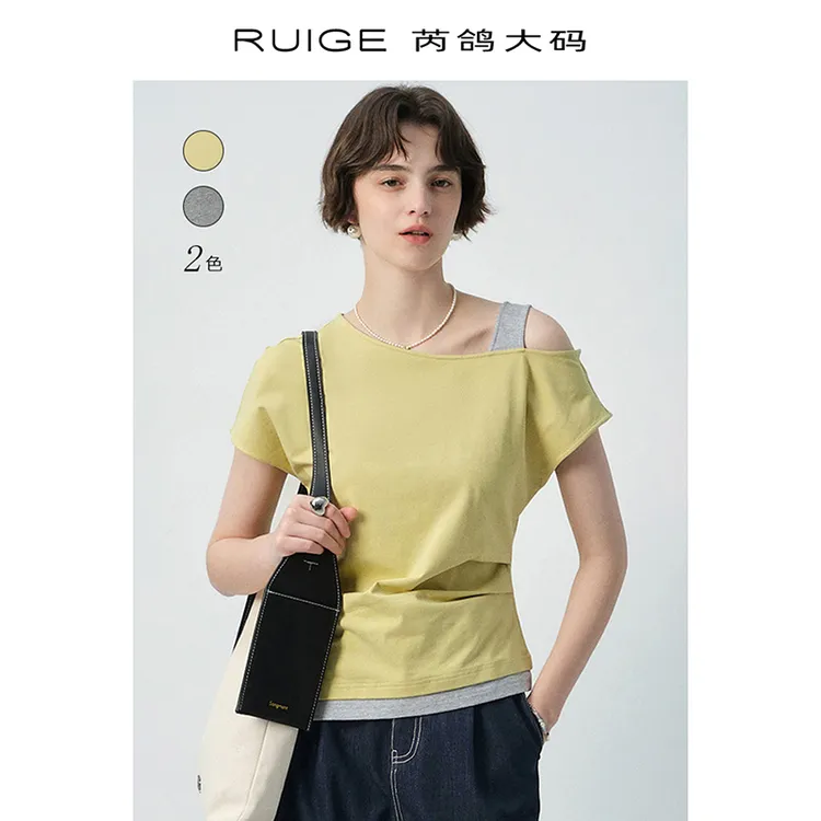 芮鸽微胖定制露肩T恤假两件正肩短袖撞色女夏季显瘦胖mm上衣00776