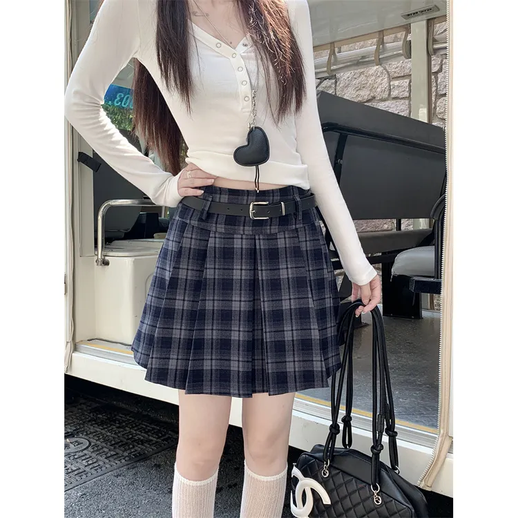 学院风复古格纹半身裙女秋季新款高腰百褶裙小个子防走光a字短裙