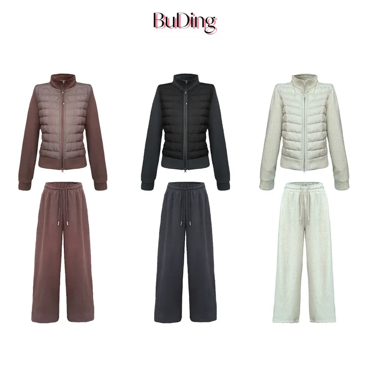 BuDing 显瘦拼接袖立领排骨羽绒服外套+松紧腰加绒卫裤套装