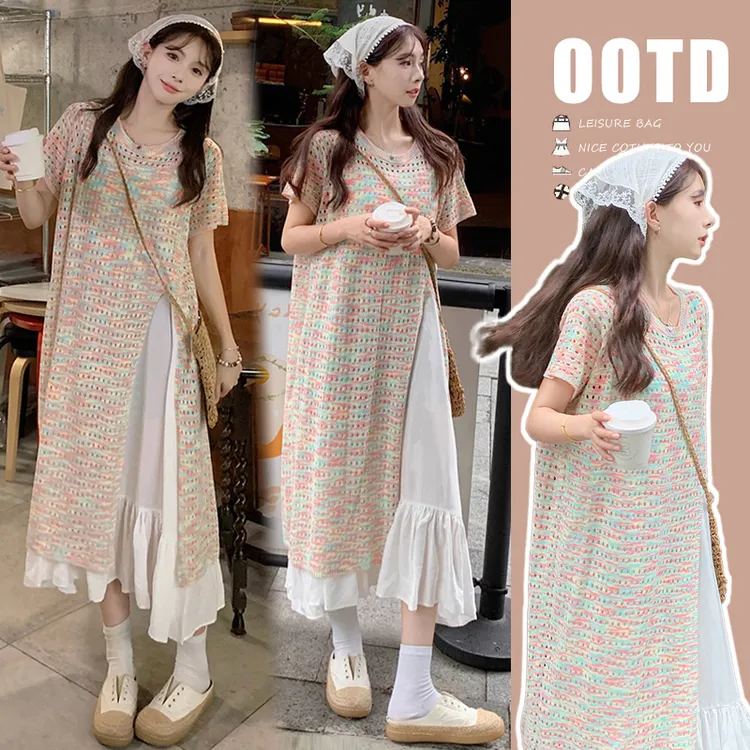 2025新款孕妇装多巴胺彩色针织开叉镂空+吊带连衣裙叠穿两件套