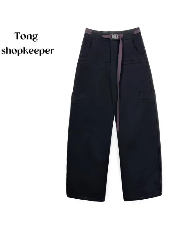 QJ/彤掌柜1682886 冬季25加绒保暖经典工装风腰带百搭通勤休闲裤