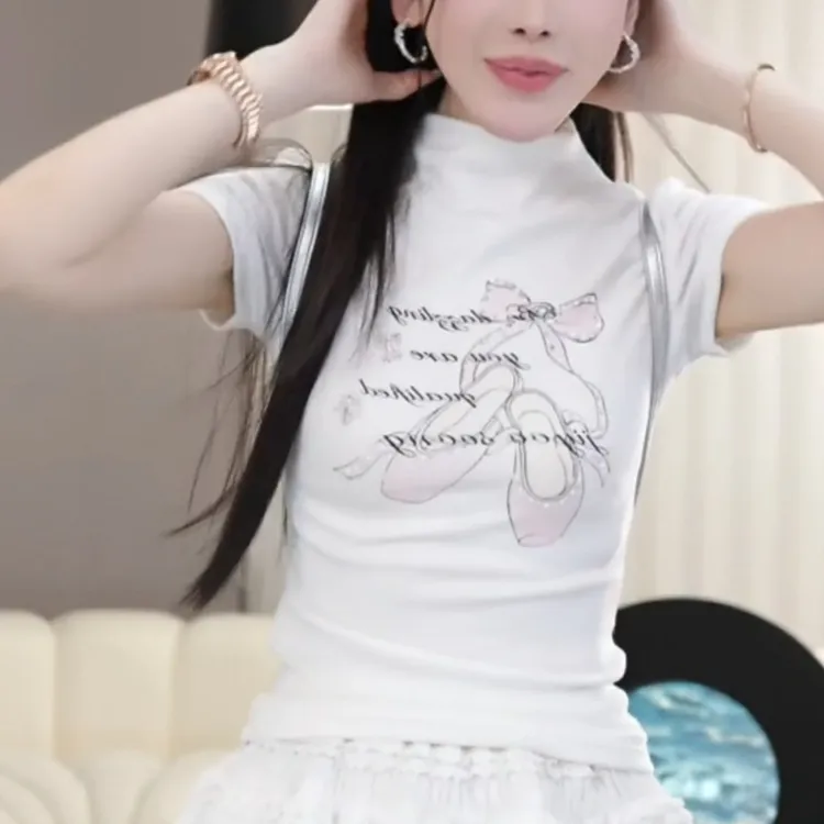 【气泡水少女】蝴蝶结印花钉珠T恤夏季字母短袖修身T恤LK2502938