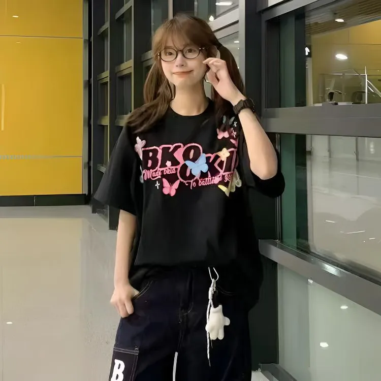 美式复古立体字母蝴蝶刺绣印花短袖T恤男女夏季新款宽松休闲上衣