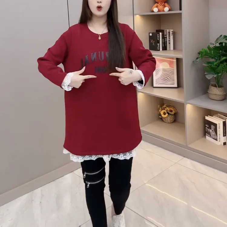 8812秋冬新款中长款休闲上衣女拼接蕾丝花边