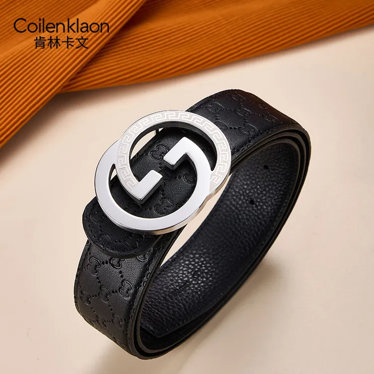 Coilenklaon男士头层牛皮皮带不锈钢平滑内扣真皮腰带商务送老公