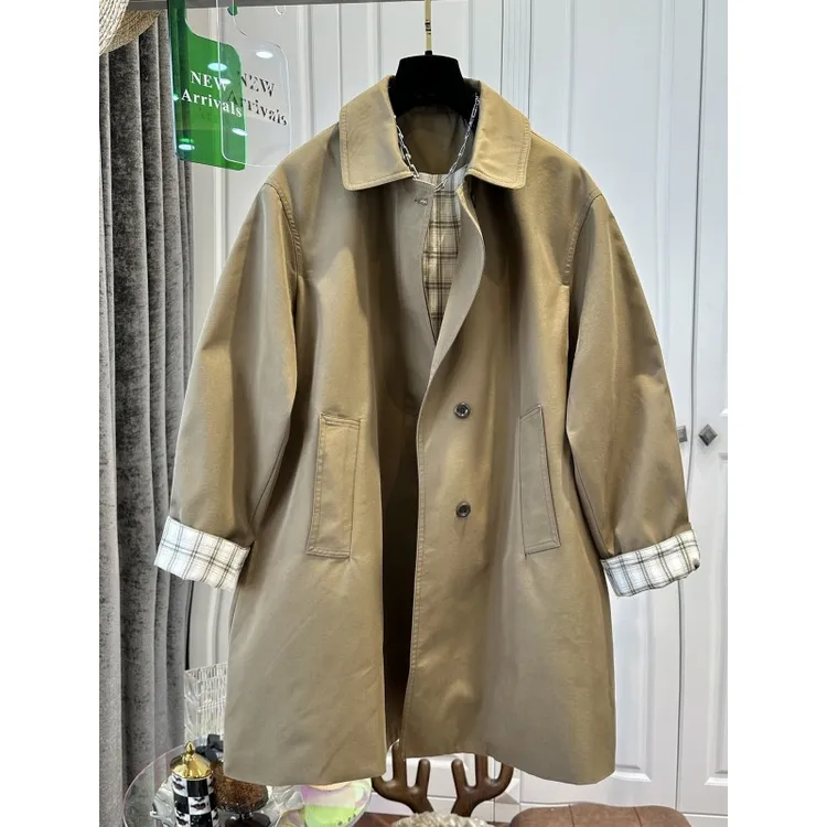 英伦风撞色格子翻领中长款风衣女外套小个子宽松时尚洋气春季新款
