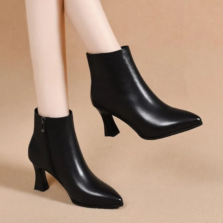 真皮高跟短靴女2025年新款秋冬季尖头高跟鞋气质单靴百搭时装靴