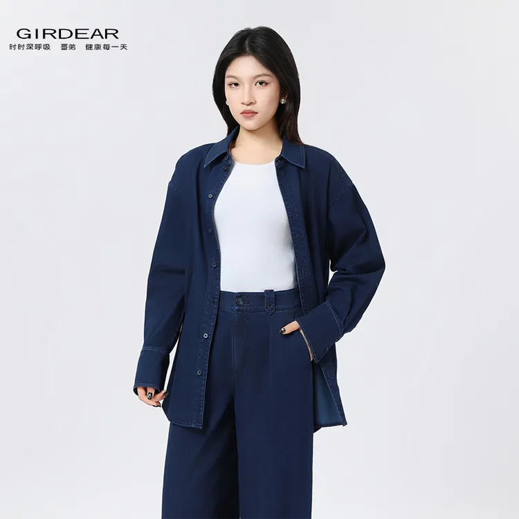 GIRDEAR/哥弟新款春夏气质女款休闲长袖牛仔衬衫翻领外套130082