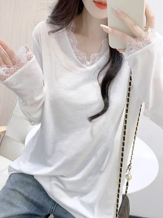 白色V领蕾丝边长袖t恤女2025春季松弛感宽松慵懒风拼接设计感上衣