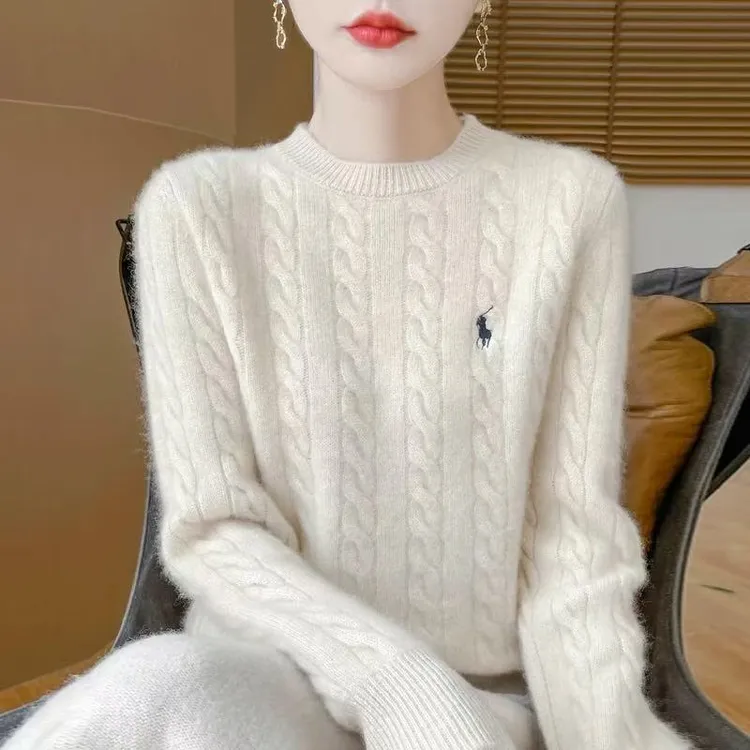 秋冬加厚圆领刺绣100羊绒针织打底衫女上衣宽松显瘦百搭毛衣潮