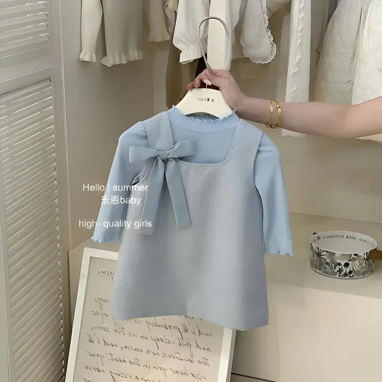 女童早秋卷边打底衫2025新款蝴蝶结背心裙套装女宝小香风两件套