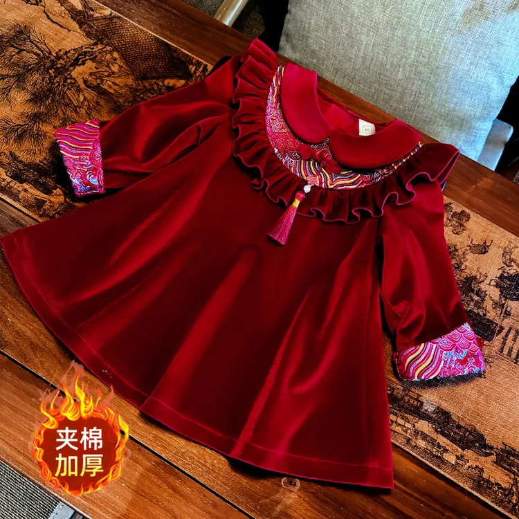 周岁女宝宝礼服2025秋冬红色中式生日宴公主裙婴幼儿童新年拜年服