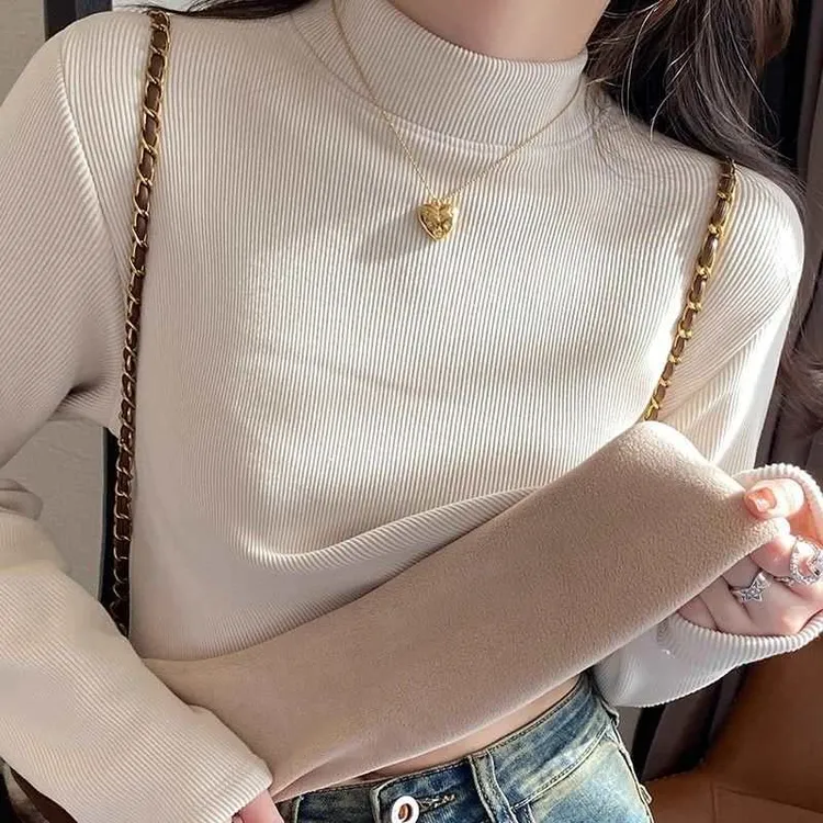 (加绒加厚)打底衫2025新款半高领纯色女装冬季简长袖高弹上衣中领