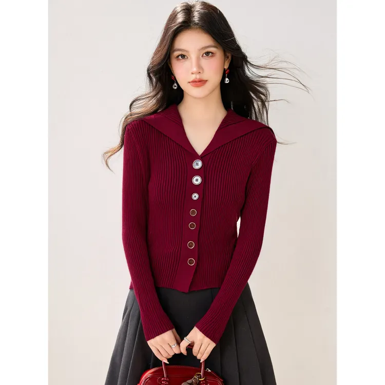 美式复古翻领长袖红色针织衫女秋冬季洋气修身显瘦打底衫开衫上衣