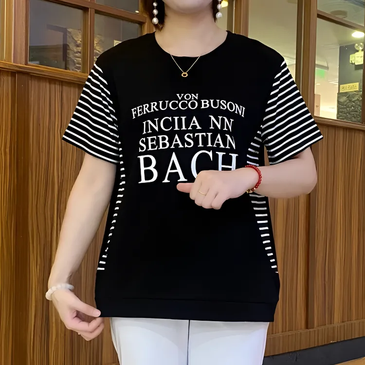夏季款字母印花短袖圆领拼接T恤条纹撞色宽松百搭显瘦中老年妈妈