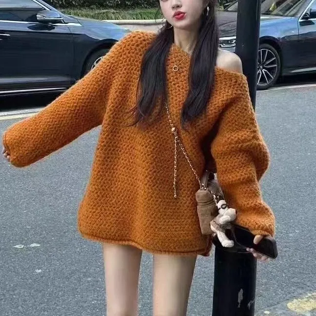 秋冬韩系复古慵懒风一字领橘色毛衣女宽松时尚软糯感针织衫上衣