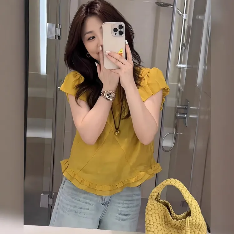 木耳花边飞飞袖衬衫女夏季韩系时尚减龄洋气设计感别致小个子上衣