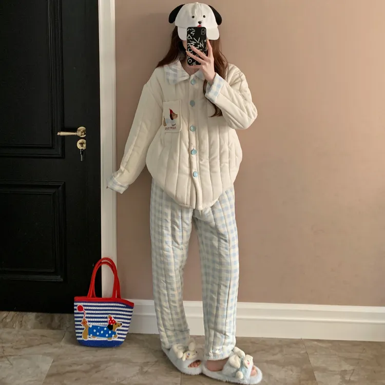睡衣女秋冬季珊瑚绒三层夹棉加厚大码可外穿蓝格狗套装冬天家居服