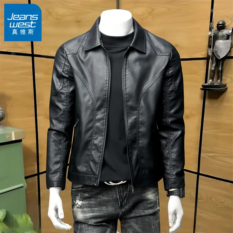 真维斯Jeanswest/男士皮衣休闲时尚潮流夹克修身立领百搭秋冬外套