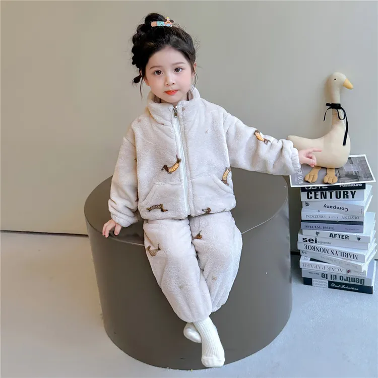 女童睡衣套装2025新款秋冬珊瑚绒拉链衫立领保暖法兰绒卡通居家服