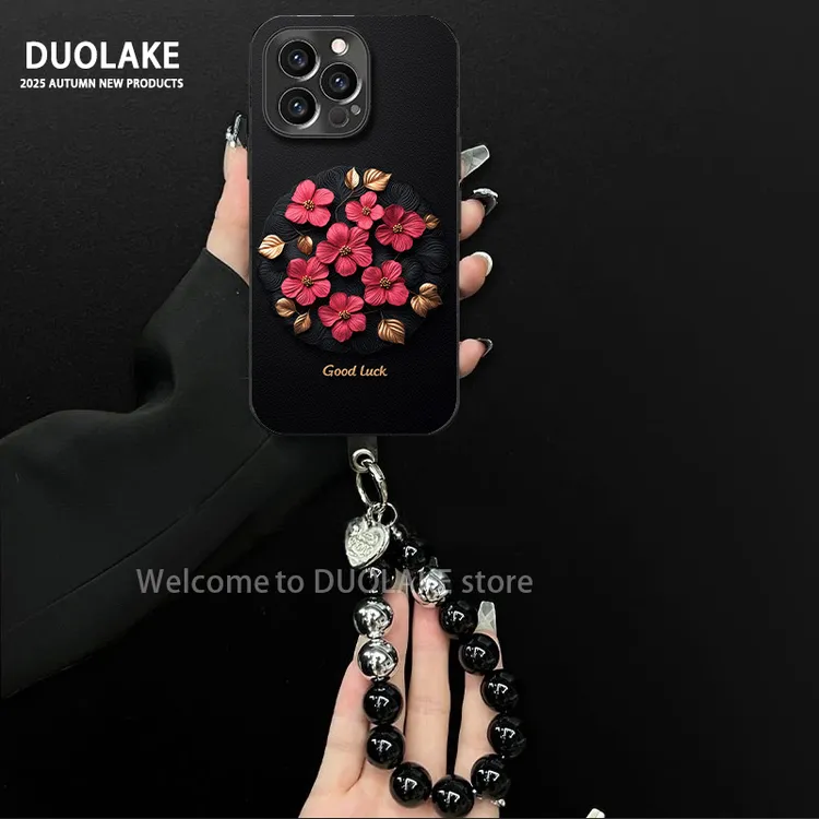 轻奢好运花朵适用苹果vivo华为oppo小米iPhone17电镀羊皮手机壳潮