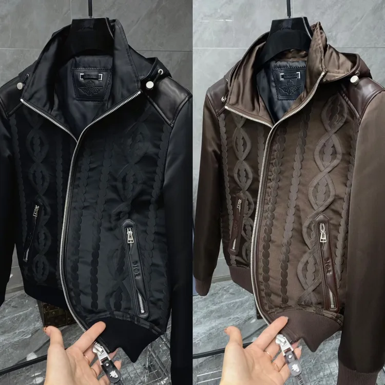 秋季新款男士时尚休闲百搭高品质提花醋酸拼皮可脱卸帽外套 8056