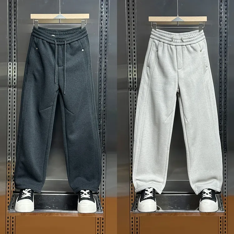 2025男士冬季加绒松紧腰抽绳直筒长裤垂感卫裤简约宽松阔腿休闲裤