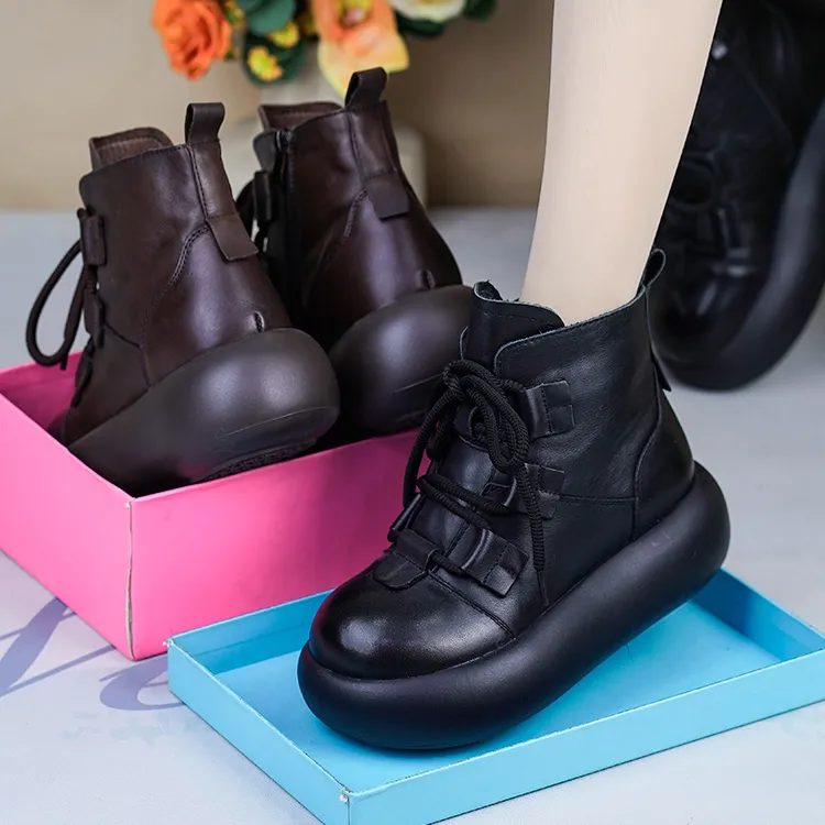 BH36611-3冬季新款头层牛皮厚底加绒保暖短靴女增高百搭马丁靴