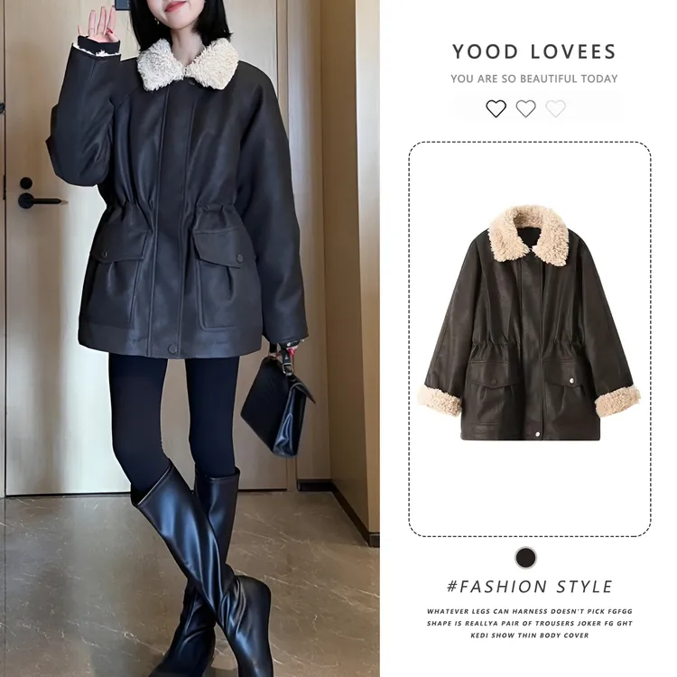复古撞色翻领全毛内里外套女中长款2025冬季新款保暖夹克加厚外套