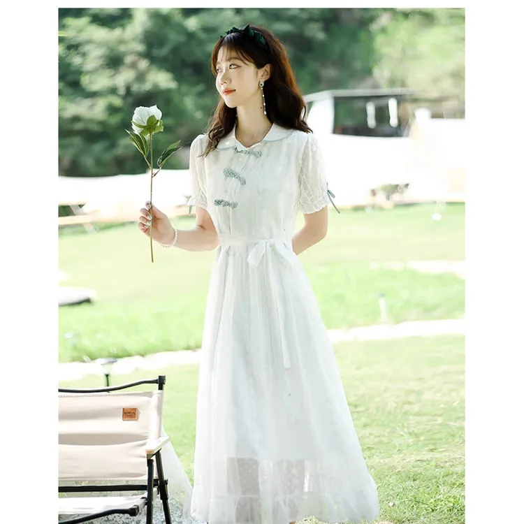 15初中生女大童文艺国风娃娃领连衣裙新款少女孩夏季中长裙a字裙
