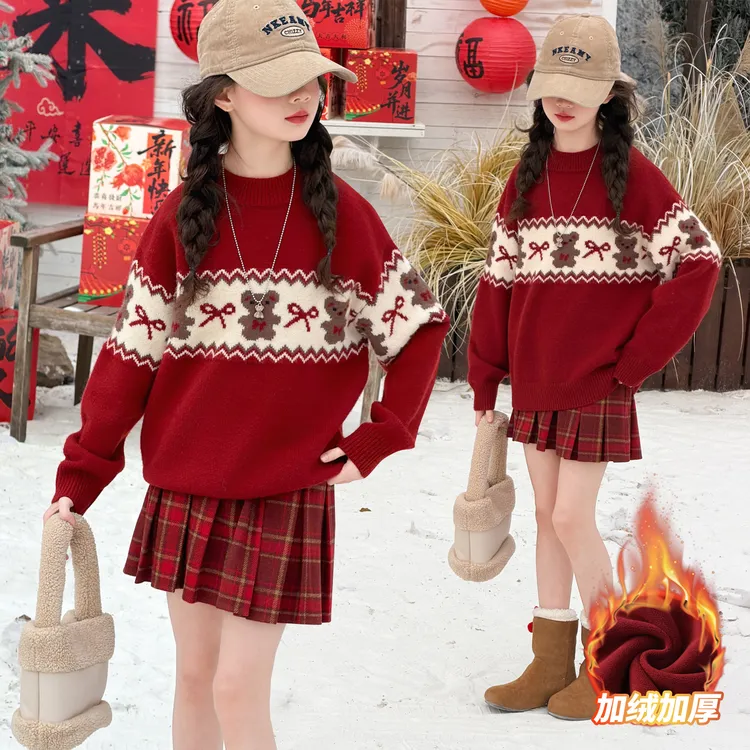 女童韩系蝴蝶结小熊毛衣毛呢裙时尚休闲中大童冬款保暖针织衫套装