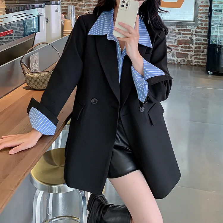 秋季网红大码休闲西装外套女宽松时尚胖mm拼接假两件炸街西服上衣
