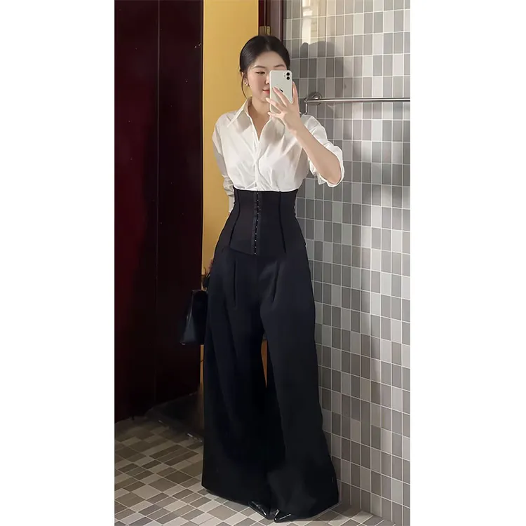 时尚穿搭女秋季翻领排扣长袖轻奢气质显瘦衬衫上衣直筒阔腿休闲裤