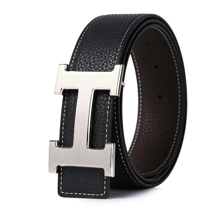 【H扣】3.8宽时尚高品质男士双面真牛皮皮带潮流百搭拉丝平滑扣腰带