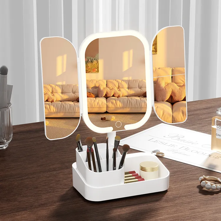 LED化妆镜带灯桌面梳妆台学生宿舍折叠收纳补光可调节双开门镜子
