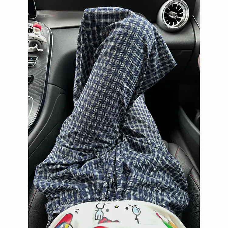 藏青色格子阔腿休闲裤女2025年夏季新款宽松显瘦慵懒垂感拖地裤子