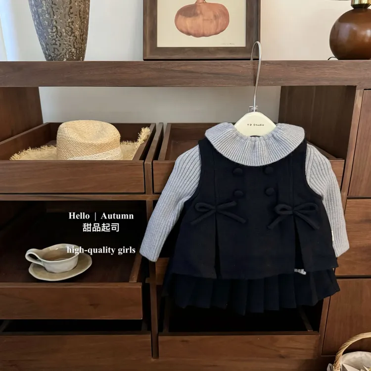 【甜品起司】学院风！韩系女宝宝双排扣马甲百褶裙洋气套装冬季