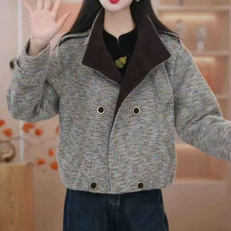 气质毛呢小香风爆款秋季新款时尚洋气翻领拼色宽松短款夹克外套