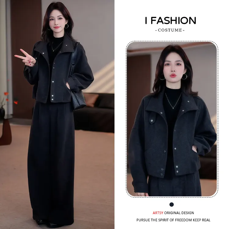 韩系简约风时尚套装女2025冬季新款洋气加厚开衫外套阔腿裤两件套