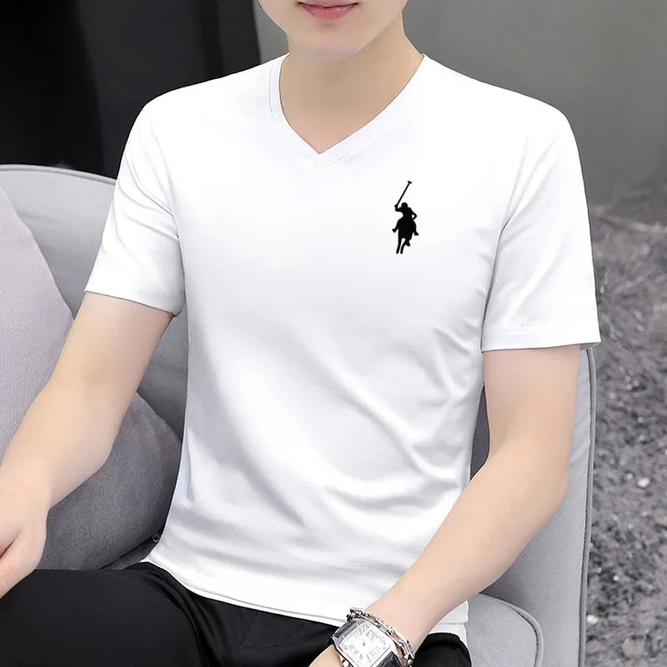 新款男士短袖T恤夏季纯棉V领潮流印花鸡心领休闲中青年常规半袖上