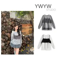 【YWYW25F/W】秋季外搭吊带叠穿+拼接下摆网纱宽松卫衣套装5556