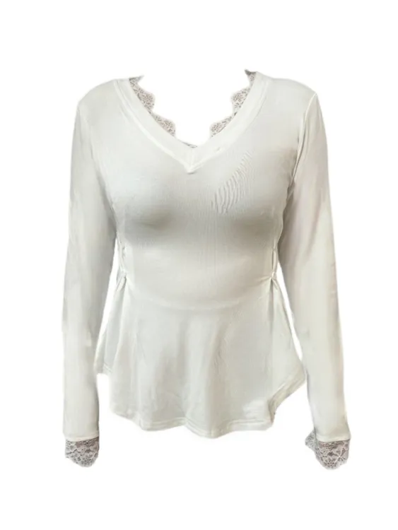 Amy家 微胖mm纯欲辣妹v领长袖T恤女设计感蕾丝拼接掐腰巨显瘦上衣