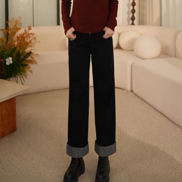 枫竺阿楠anan中高腰遮胯显瘦加绒加厚牛仔直筒裤女秋冬卷边条纹裤