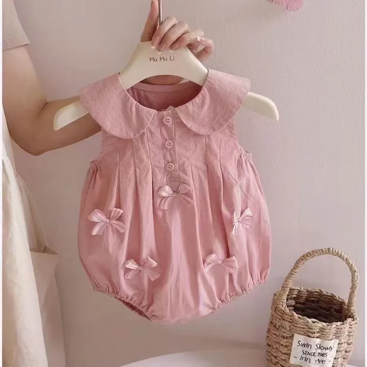 婴幼儿夏季粉色蝴蝶结女宝宝可爱三角包屁衣