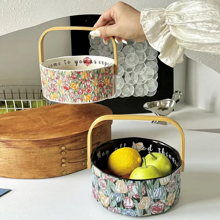 陶瓷复古手提果盘新年糖果盒家用零食精致高端坚果水果篮点心盘