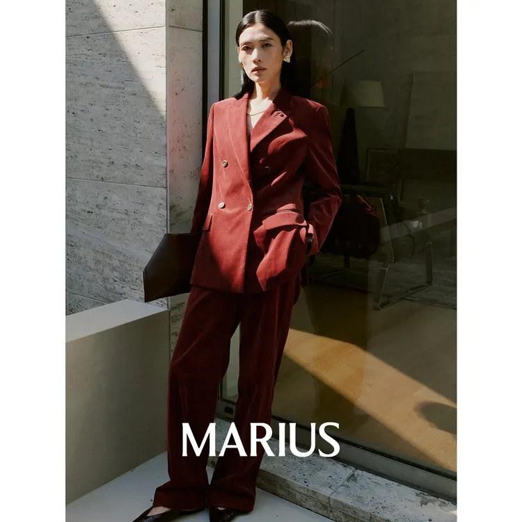 MARIUS"黑胶骑士"复古优雅枪驳领收腰廓形灯芯绒西装/长裤