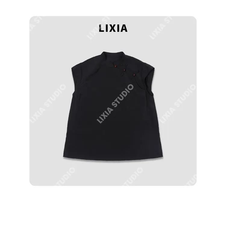 LIXIA【深挚】夏日ins风时尚简约薄款无袖黑色衬衫-D8652