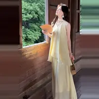 法式黄色无袖背心连衣裙女夏季2025新款早秋绝美漂亮套装长裙5112