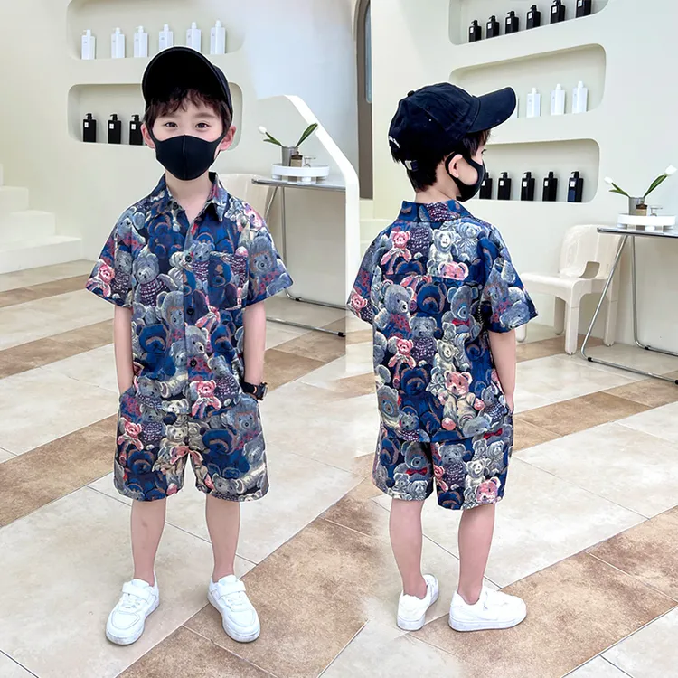 男童夏装套装洋气衬衫2025新款儿童薄款短袖衣服宝宝花衬衣两件套