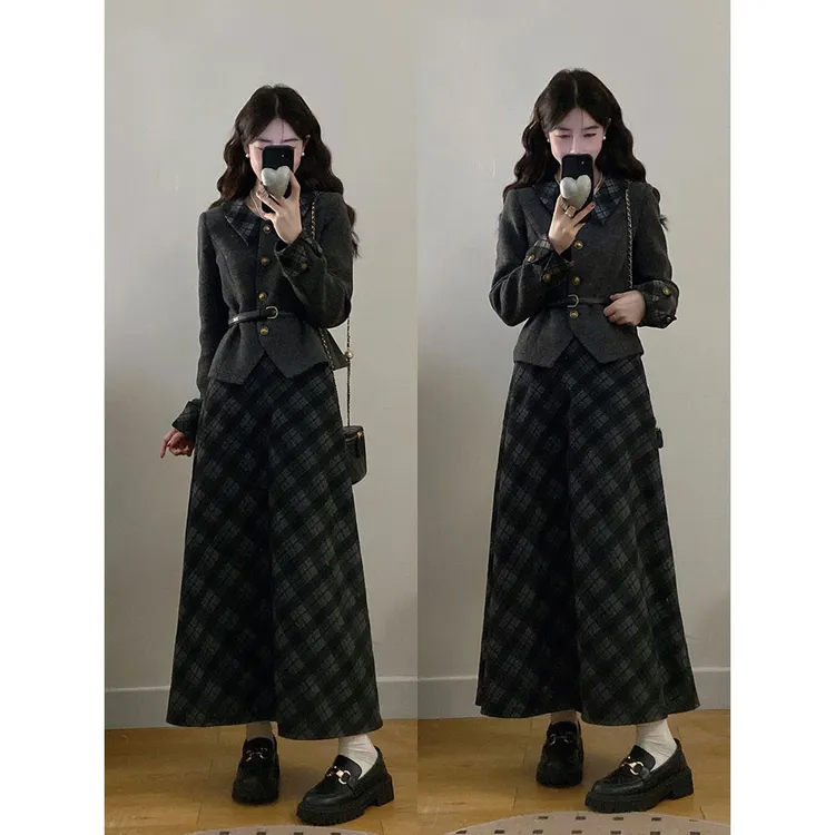 大码女装秋冬季韩系气质高级外套半身裙时尚黑色套装女